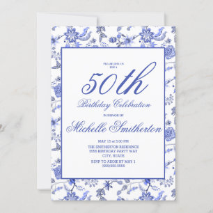Elegantes Vintage-Blaues-Blumenmuster 50. Geburtst Einladung