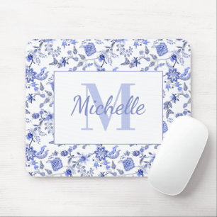 Elegantes Vintage-Blaues-Blumenmuster Weißes Monog Mousepad