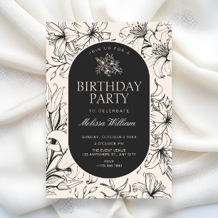 Elegantes vintage Blumen Geburtstag in schwarz-wei Einladung