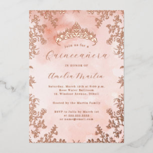 Elegantes Vintage-Blumen-Roségold-Quinceanera  Folieneinladung