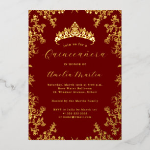 Elegantes Vintage-Blumen-Rot-Gold-Quinceanera  Folieneinladung