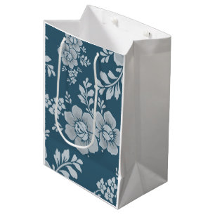 Elegantes Vintage-Blumenmuster in Blau Mittlere Geschenktüte