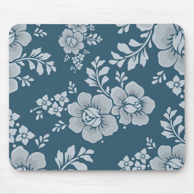 Elegantes Vintage-Blumenmuster in Blau Mousepad (Vorne)