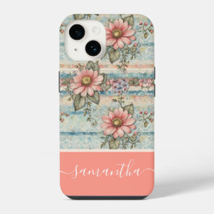 Elegantes Vintage-Blumenmuster Pfirsich Benutzerna iPhone 14 Hülle