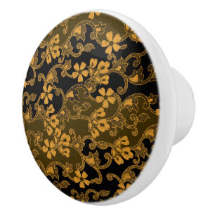 Elegantes Vintage-Blumenmuster Schwarz & Gold Keramikknauf