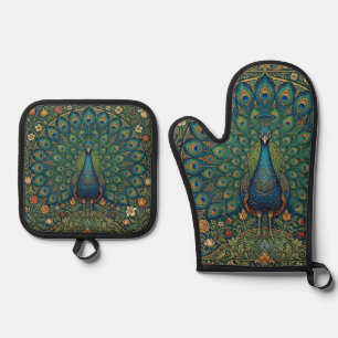 Elegantes vintage-bohemian-Pfau-Design Ofenhandschuh & Topflappen-Set