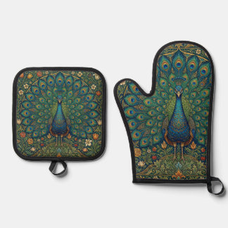Elegantes vintage-bohemian-Pfau-Design Ofenhandschuh & Topflappen-Set
