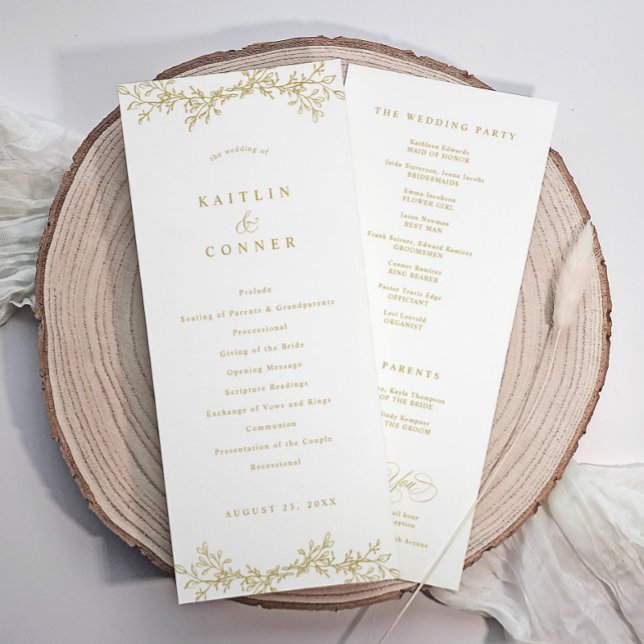 Elegantes Vintage-Botanik-Hochzeitsprogramm in Gol Programm (Gold wedding programs with an elegant botanical floral greenery design)