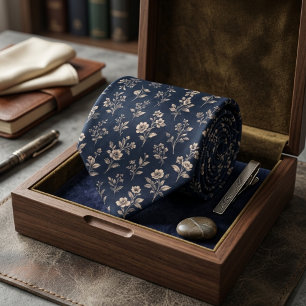Elegantes Vintage Botanisches Blumenmuster Navy Krawatte