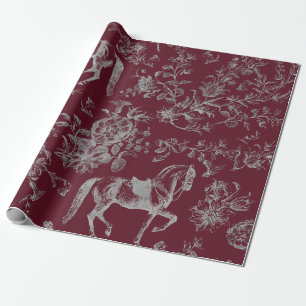 Elegantes vintage burgundergraues Pferde-Blumenmus Geschenkpapier