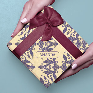 Elegantes Vintage-Damask-Toile in Navyblau und Gel Geschenkpapier