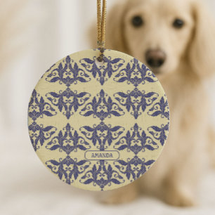 Elegantes vintage Damast navy Blau gelbes Monogram Keramik Ornament