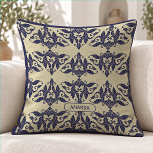 Elegantes vintage Damast navy Blau gelbes Monogram Kissen