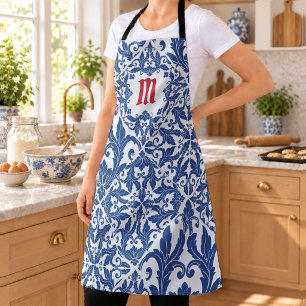 Elegantes vintage Damast navy Blau gelbes Monogram Schürze