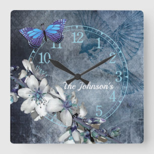 Elegantes Vintage-Design weiße Blumen Schmetterlin Quadratische Wanduhr