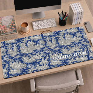 Elegantes vintage dunkelblaues Toile-de-Jouy-Monog Schreibtischunterlage