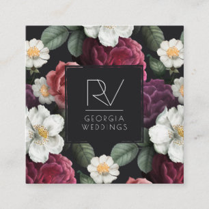 Elegantes Vintage-Dunkelblumenmuster auf Schwarz Quadratische Visitenkarte