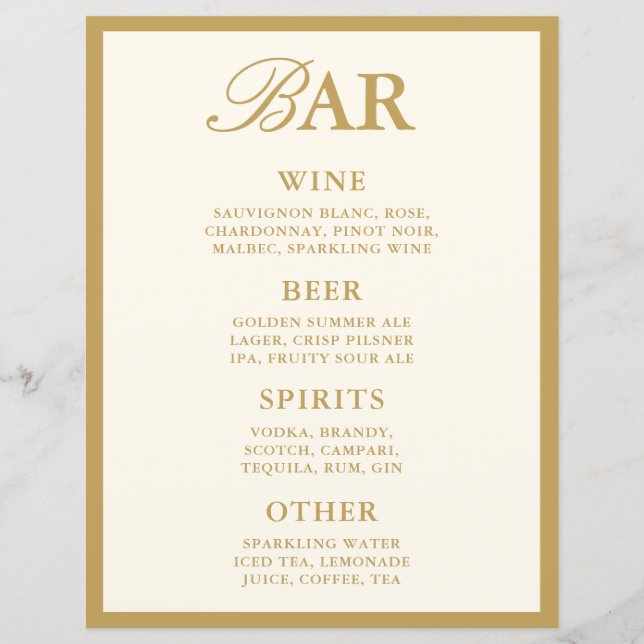 Elegantes Vintage-Elfenbein-Bar-Menü Hochzeit Tisc (Vorderseite)