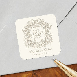 Elegantes vintage-elfenbeinernes Hochzeitsmonogram Quadratischer Aufkleber