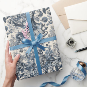 Elegantes Vintage Französisch Blaues Blumenmuster Geschenkpapier