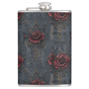 Elegantes vintage-gotisches Muster mit roten Rosen Flachmann