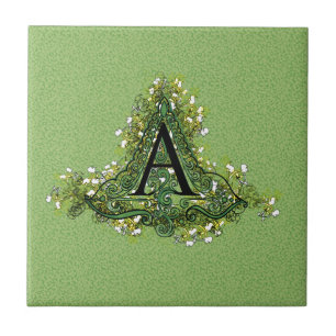 Elegantes vintage-grünes florales Initial A Monogr Fliese