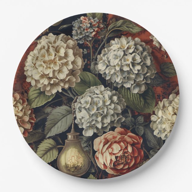 Elegantes vintage Hydrangeen-Blumenmuster  Pappteller (Vorderseite)