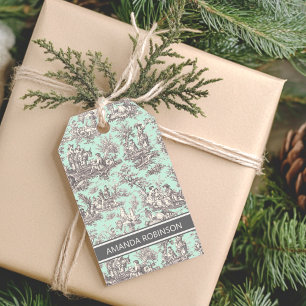 Elegantes vintage mintgraues Toile de Jouy Geschenkanhänger