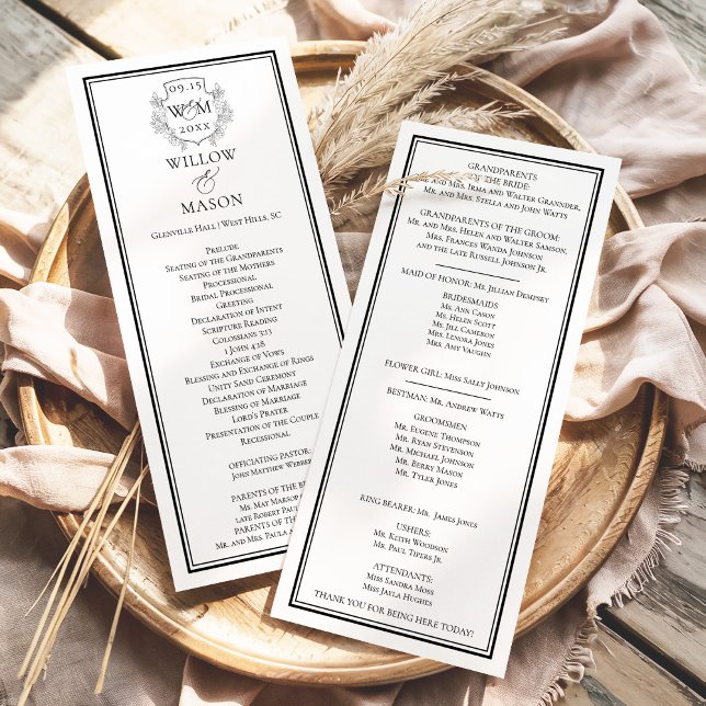 Elegantes Vintage-Monogramm-Wappen Hochzeit Programm (Elegant Vintage Monogram Crest Wedding Program Front and Back Shown)