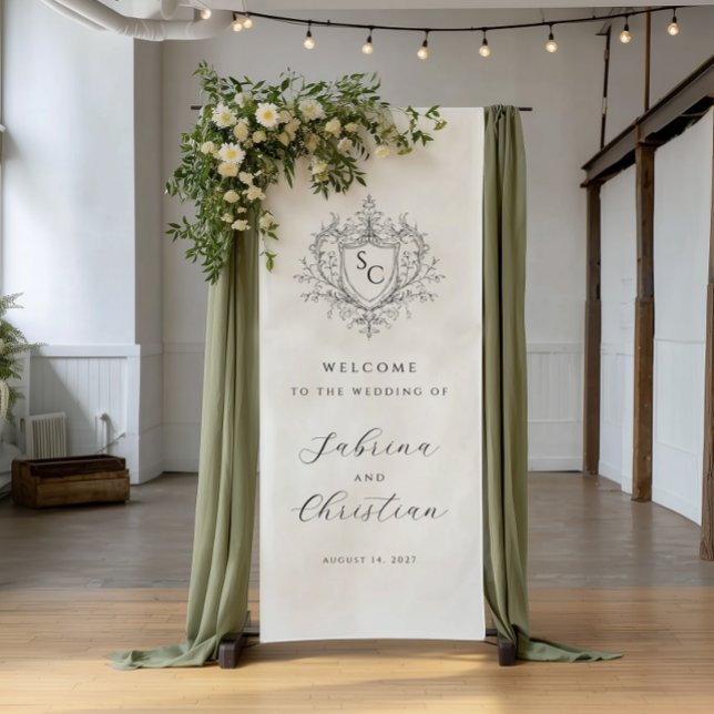 Elegantes Vintage-Monogrammwappen Hochzeitsbegrüßu Banner (Von Creator hochgeladen)