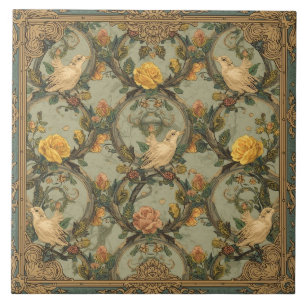 Elegantes Vintage-Nouveau-Blumen-Vögel-Design Fliese
