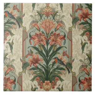 Elegantes Vintage-Nouveau-Blumenmuster mit Vögeln Fliese