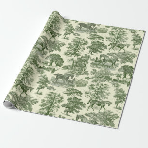 Elegantes Vintage Oliven Grün Pferd Toile-Muster Geschenkpapier
