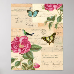 Elegantes Vintage-Plakat mit Rosen und Schmetterli Poster