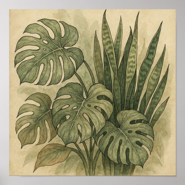 Elegantes Vintage Poster von Monstera und Schlange (Vorne)