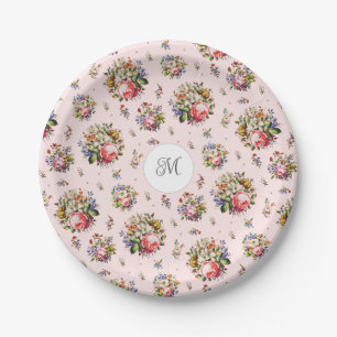 Elegantes Vintage-Rosa-Blumenmuster-Name-Monogramm Pappteller