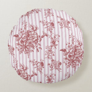 Elegantes Vintage-Rosa-Rosetten-Ticking-Streifen Rundes Kissen