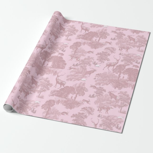 Elegantes Vintage-Rosa-Toile-Hirsch-Wald Geschenkpapier (Ungerollt)