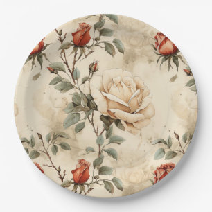 Elegantes Vintage-Rosen-Blumenmuster in Beige Pappteller