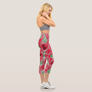 Elegantes Vintage-Rosenmuster - Rote und grüne Blü Capri Leggings
