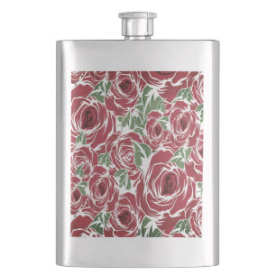 Elegantes Vintage-Rosenmuster - Rote und grüne Blü Flachmann