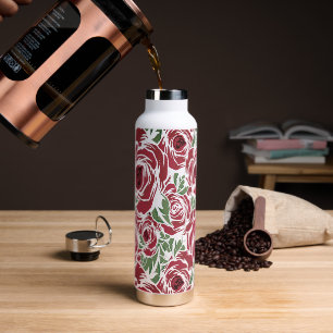 Elegantes Vintage-Rosenmuster - Rote und grüne Blü Trinkflasche