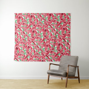 Elegantes Vintage-Rosenmuster - Rotes und grünes F Wandteppich