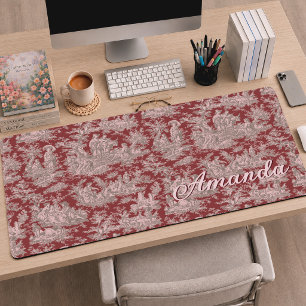 Elegantes vintage rotes rosa Toile de Jouy Monogra Schreibtischunterlage