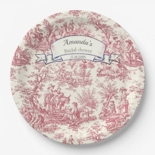 Elegantes vintage rotes Toile de Jouy Monogramm Pappteller