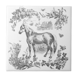 Elegantes Vintage Schwarz-Weiß-Pferd Floral Fliese