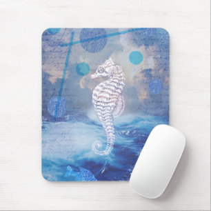 Elegantes Vintage-Seepferdchen Blaue Ozeanwellen Mousepad