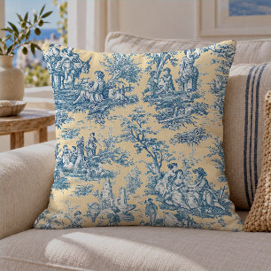 Elegantes vintage Türkis Gelb Toile de Jouy Kissen