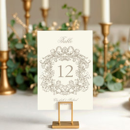 Elegantes Vintage-Wappen Elfenbein-Hochzeit Tischnummer