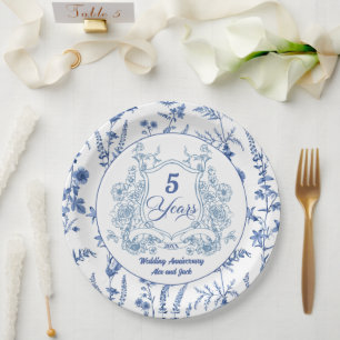 Elegantes Vintage-Wappen zum 5. Hochzeitstag Pappteller